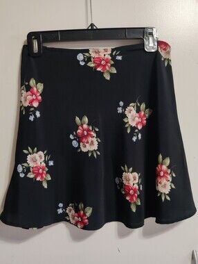 Necessary Objects Black Floral A-Line Skirt with Red & Cream Blooms